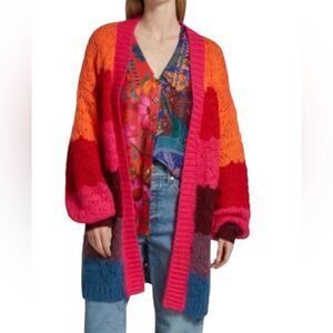 FARM Rio Rainbow Striped Open Front Cardigan Oversized Colorful Knit Sweater XL